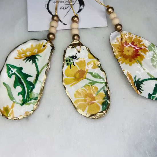 Emma Bridgewater Spring Floral Oyster Ornament Set: Gold Leaf Shell Hanging Coastal Decoration, UK Handmade, Coastal Decor