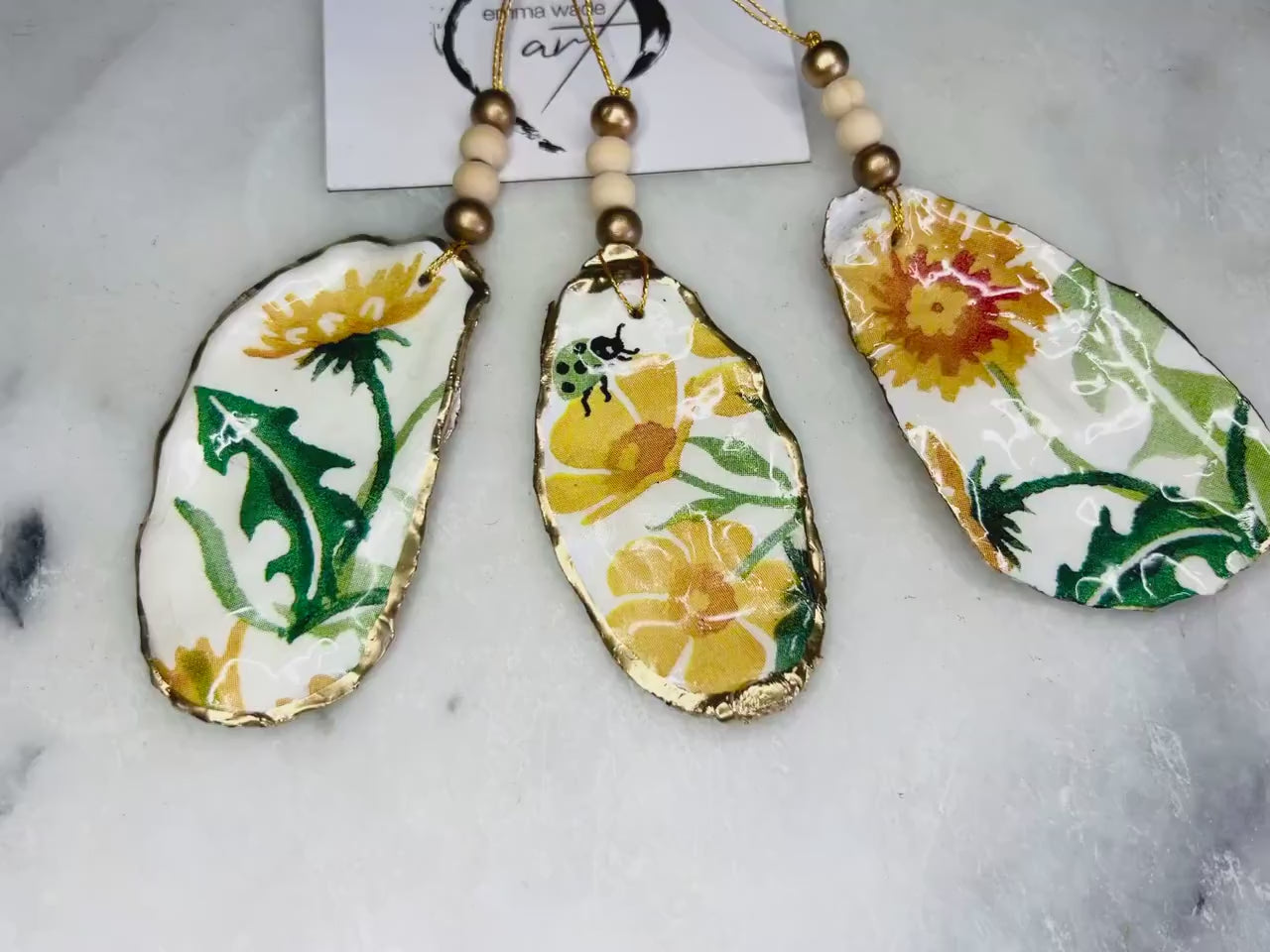 Emma Bridgewater Spring Floral Oyster Ornament Set: Gold Leaf Shell Hanging Coastal Decoration, UK Handmade, Coastal Decor