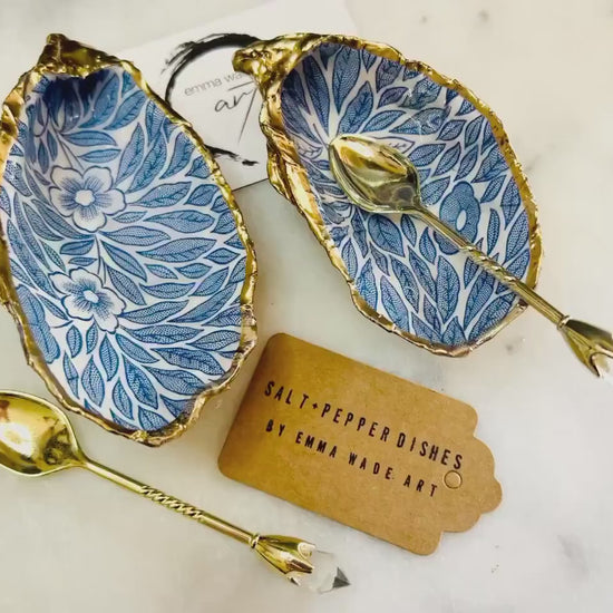 Sustainable Blue Floral Dorset Oyster Shell Salt & Pepper Dishes | Marimekko-Inspired Blue Flower Dishes | Coastal Gift Set with spoons