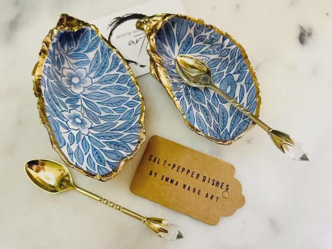 Sustainable Blue Floral Dorset Oyster Shell Salt & Pepper Dishes | Marimekko-Inspired Blue Flower Dishes | Coastal Gift Set with spoons