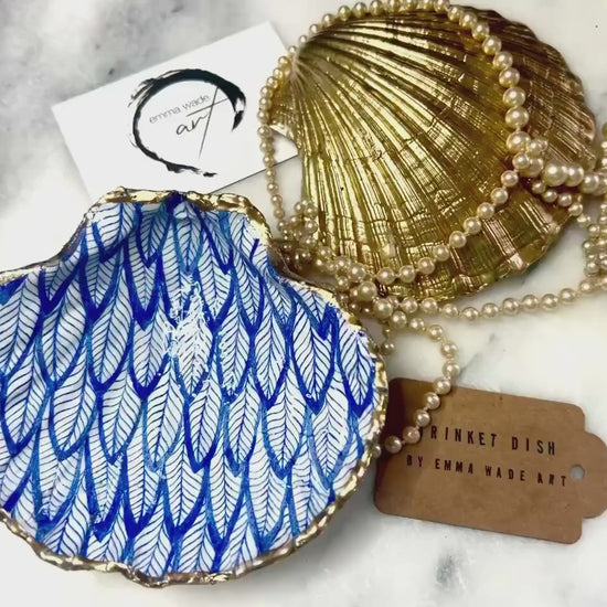 Blue Feather Scallop Shell Trinket Dish: Hand-Gilded Gold Leaf Ring Dish, bird lover gift, Coastal Decor, Wedding Gift