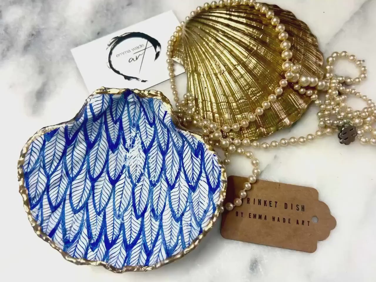 Blue Feather Scallop Shell Trinket Dish: Hand-Gilded Gold Leaf Ring Dish, bird lover gift, Coastal Decor, Wedding Gift