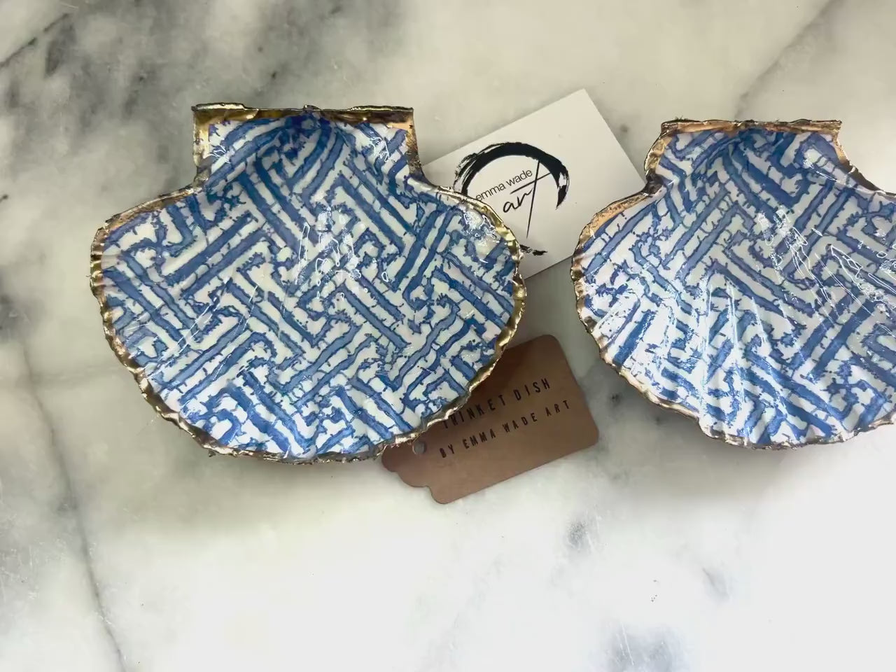 Blue Fretwork Scallop Shell Trinket Dish | Chinoiserie Coastal Decor | Gold Leaf Jewellery Holder