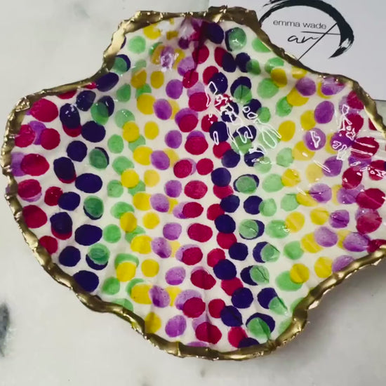 Rainbow Dots, Emma Bridgewater, Dorset Scallop Shell Trinket Dish. Gilded with Gold Leaf, Sealed with Resin. Coastal art. Host Gift.