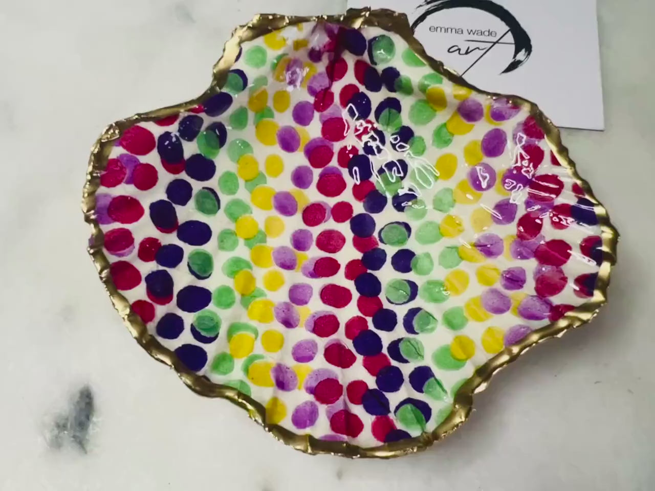 Rainbow Dots, Emma Bridgewater, Dorset Scallop Shell Trinket Dish. Gilded with Gold Leaf, Sealed with Resin. Coastal art. Host Gift.