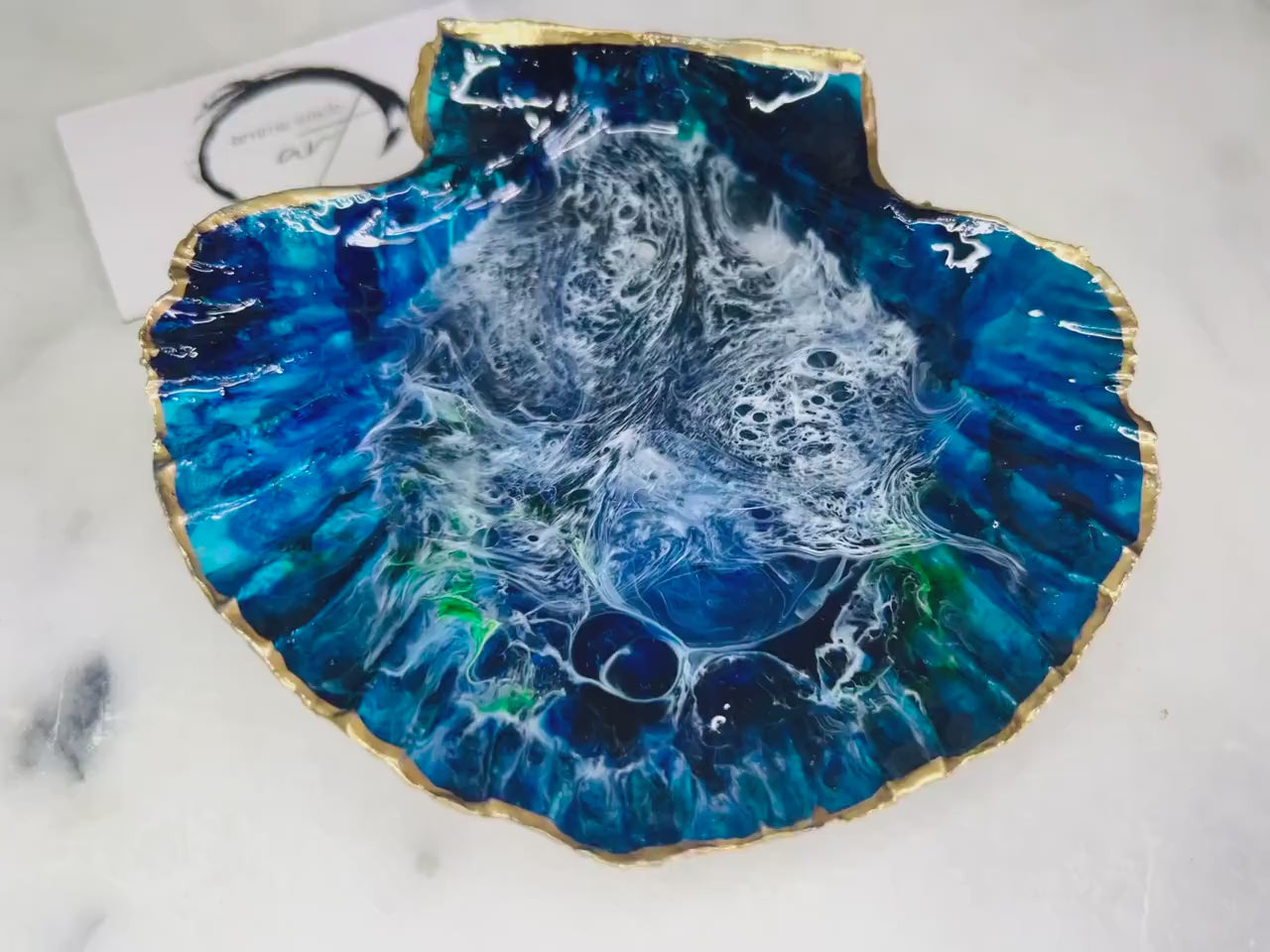 Hand Painted Ocean Scallop Shell Dish, Blue Resin Coastal Art, Luxury Gold Leaf Shell Jewellery Holder, Dorset Coastal Decor