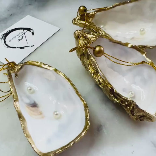 Gilded Gold Leaf UK Oyster Shell Hanging Ornament with Two Inset Pearls, Dorset Shell Ornament, Handmade Coastal decoration