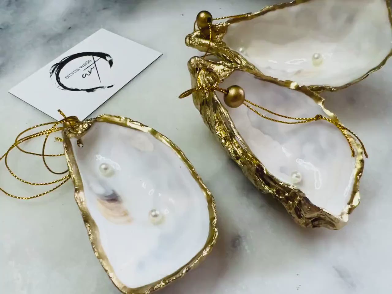 Gilded Gold Leaf UK Oyster Shell Hanging Ornament with Two Inset Pearls, Dorset Shell Ornament, Handmade Coastal decoration