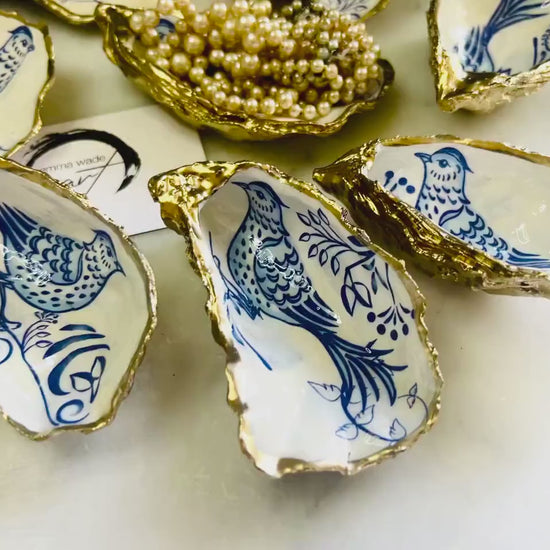 Blue Porcelain Bird Oyster Shell Trinket Dish: Gold Leaf Coastal Jewellery Holder, Handmade Dorset Shell Gift, Bird Lover Gift