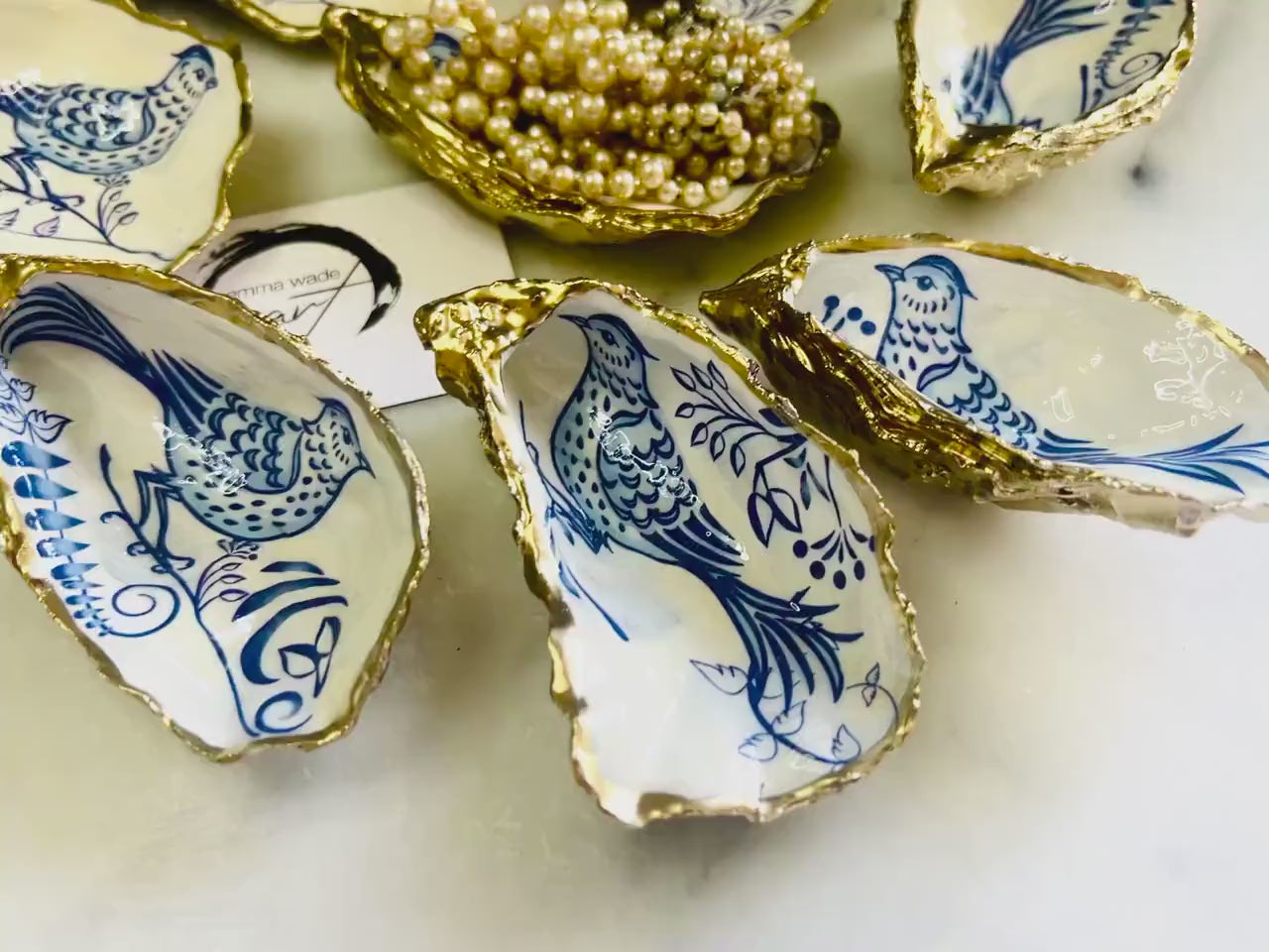 Blue Porcelain Bird Oyster Shell Trinket Dish: Gold Leaf Coastal Jewellery Holder, Handmade Dorset Shell Gift, Bird Lover Gift