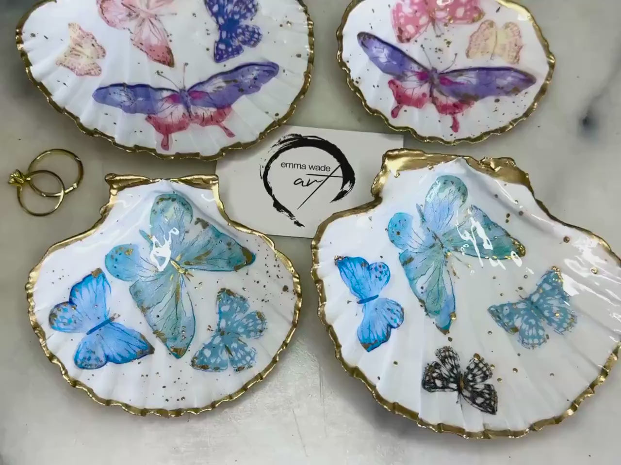 Butterfly Scallop Shell Trinket Dish | Pink or Blue Butterfly Ring Holder | Gold Leaf Jewellery Tray | Coastal Decor Gift | UK Handmade