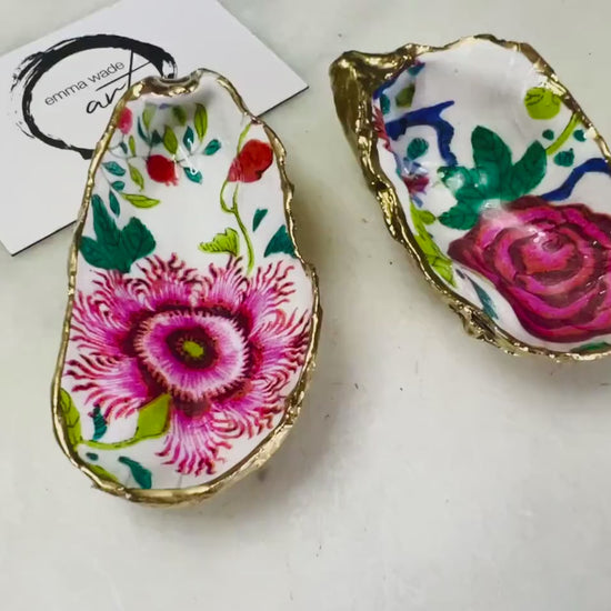 Pink Floral Dorset Oyster Shell Trinket Dish: Gold Leaf Gilded Shell Ring Tray, Garden Lovers Gift, Botanical Gift, 2 designs available.