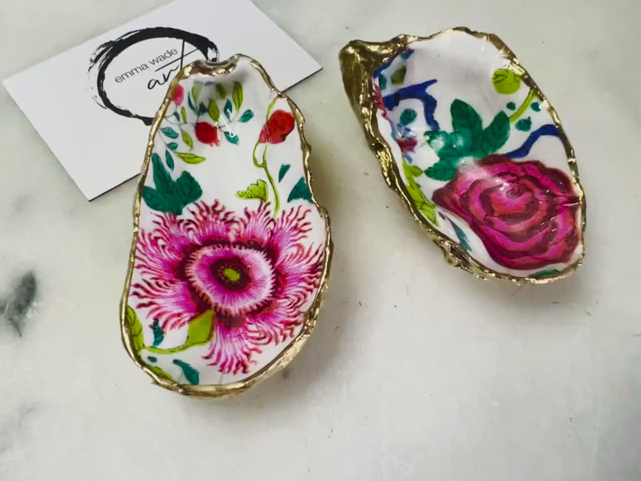 Pink Floral Dorset Oyster Shell Trinket Dish: Gold Leaf Gilded Shell Ring Tray, Garden Lovers Gift, Botanical Gift, 2 designs available.