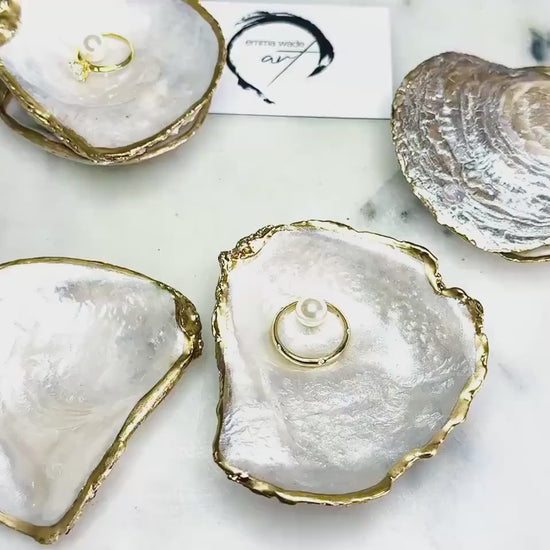 Handcrafted Oyster Ring Box, Gold Leaf Pearl Shell Ring Holder, Coastal Proposal Dish