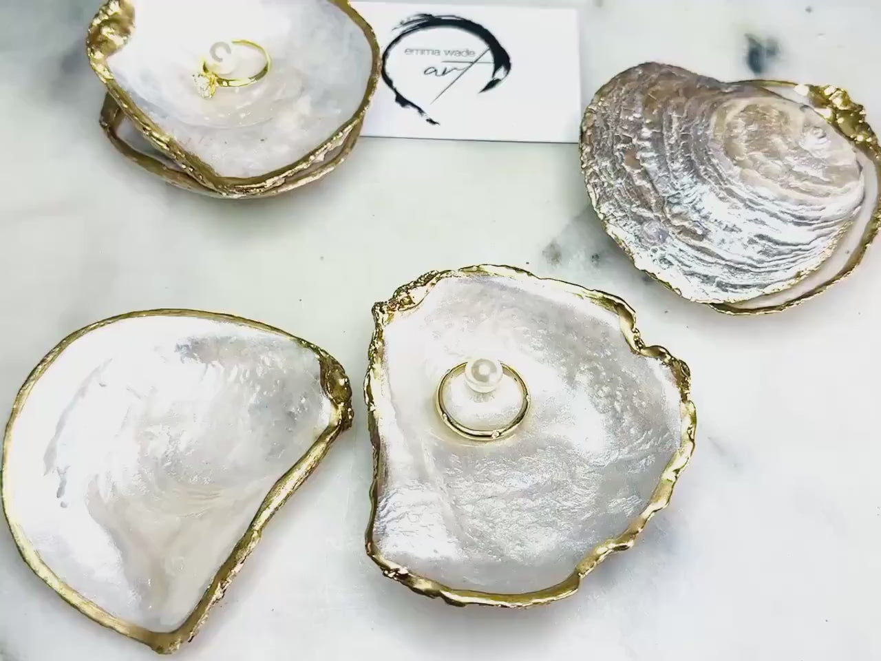 Handcrafted Oyster Ring Box, Gold Leaf Pearl Shell Ring Holder, Coastal Proposal Dish