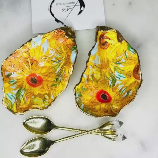 Pair of Van Gogh Sunflowers Dorset Oyster Shell Pinch Pots, Gold Leaf Salt Gift, Coastal Host Gift