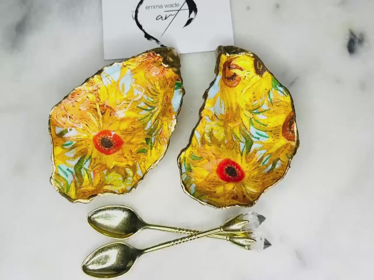 Pair of Van Gogh Sunflowers Dorset Oyster Shell Pinch Pots, Gold Leaf Salt Gift, Coastal Host Gift