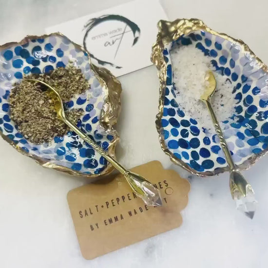 Pair of Emma Bridgewater Rainbow Dots Oyster Shell Salt & Pepper Dishes, Shell Pinch Pots, Blue White Cruet Set, Coastal Decor