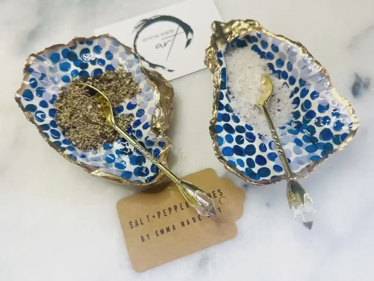 Pair of Emma Bridgewater Rainbow Dots Oyster Shell Salt & Pepper Dishes, Shell Pinch Pots, Blue White Cruet Set, Coastal Decor