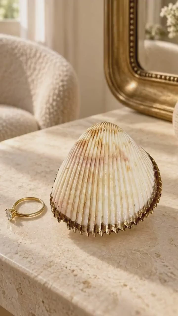Handmade Sea Shell Ring Box, Gold Leaf Jewellery Box, Pearl Ring Holder, Coastal Shell Ring Storage, Wedding or Proposal Box.  8-9cm wide