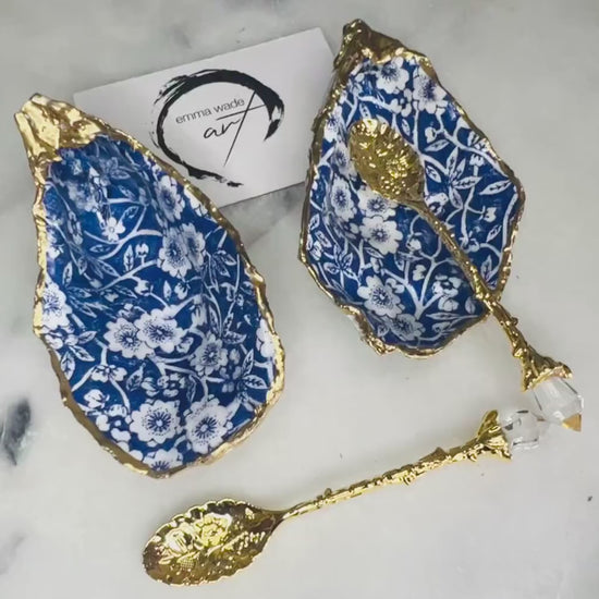 Pair of Gold Leaf Oyster Shell Salt and Pepper Pinch Pots: Blue Flower Cruet Set, Coastal Host Gift, Salt Anniversray gift