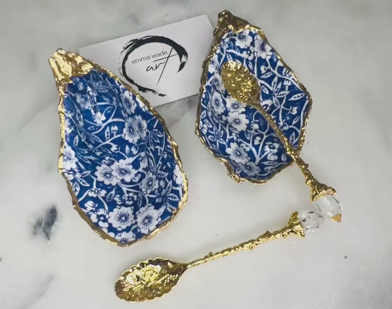 Pair of Gold Leaf Oyster Shell Salt and Pepper Pinch Pots: Blue Flower Cruet Set, Coastal Host Gift, Salt Anniversray gift