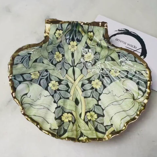 William Morris Pimpernel UK Scallop Shell Dish: Gilded Gold Leaf Jewelry Trinket Dish, Heritage Gift, Floral Gift