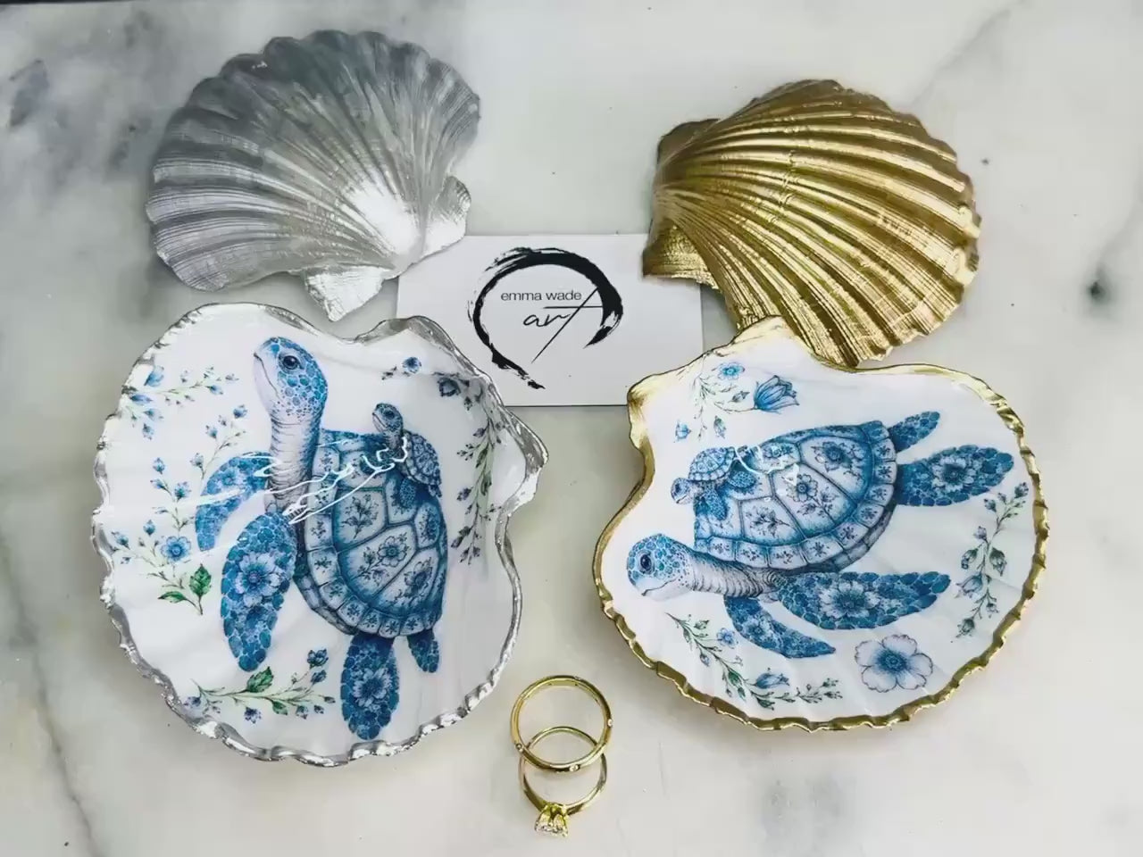 Illustrated Sea Turtle Mum & Baby Scallop Shell Dish | Original Artwork Ring Holder | Delft Blue Coastal Jewellery Tray | Emma Wade ART