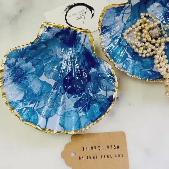 Deep Blue Watercolour Floral Scallop Shell Trinket Dish | Gold Leaf Jewellery Holder | Coastal Shell Decor | Handmade Dorset Gift