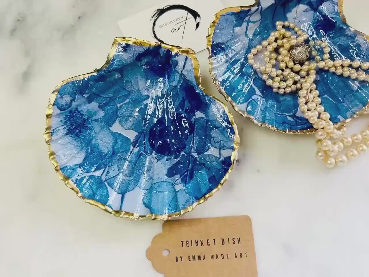 Deep Blue Watercolour Floral Scallop Shell Trinket Dish | Gold Leaf Jewellery Holder | Coastal Shell Decor | Handmade Dorset Gift