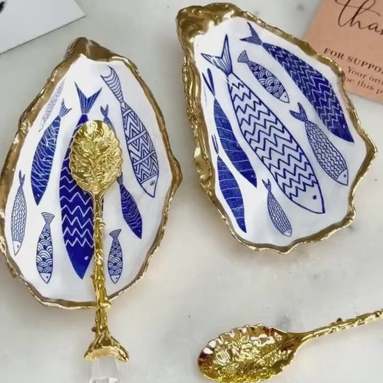 Pair of Blue Fish Oyster Shell Salt & Pepper Pinch Pots, Gold Leaf Cruet Set, Coastal Kitchen Decor, Handmade Dorset Shell Gift
