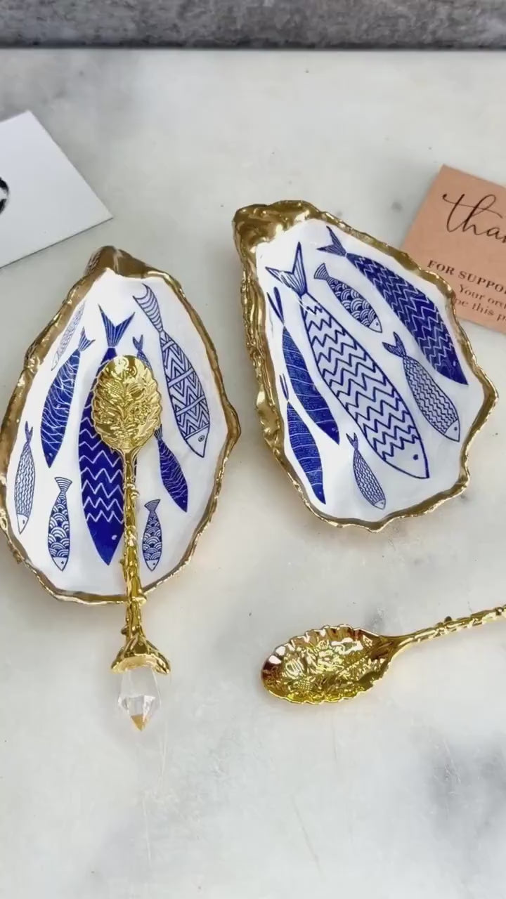 Pair of Blue Fish Oyster Shell Salt & Pepper Pinch Pots, Gold Leaf Cruet Set, Coastal Kitchen Decor, Handmade Dorset Shell Gift