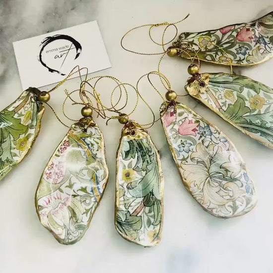 William Morris Oyster Shell Ornaments | Golden Lily and Granville Gold Leaf Hanging Decorations,  available individually or as a set