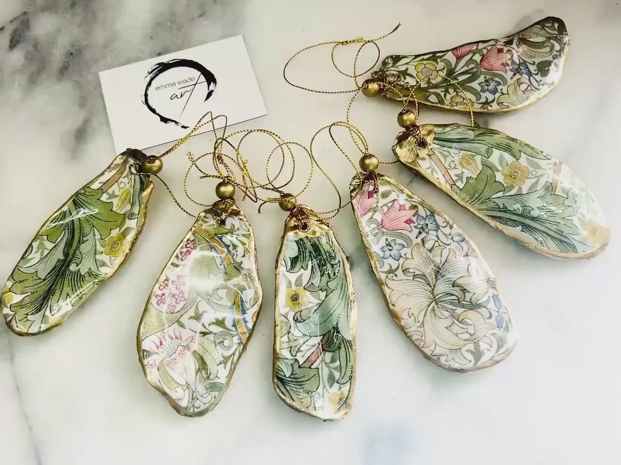 William Morris Oyster Shell Ornaments | Golden Lily and Granville Gold Leaf Hanging Decorations,  available individually or as a set