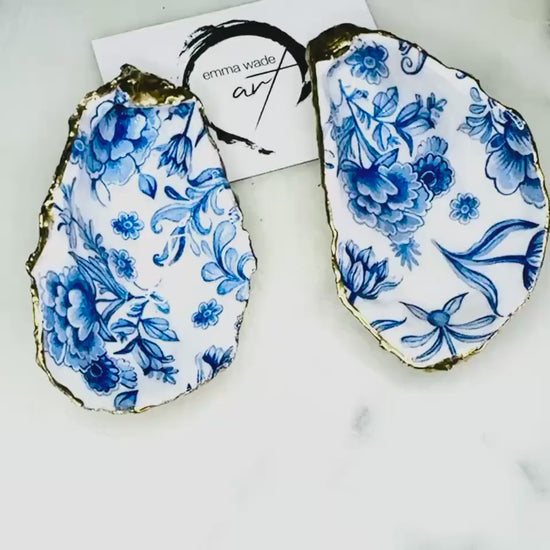 Delft Blue Floral Oyster Trinket Shell Dish: Gold or Silver Leaf Gilded Coastal Decor