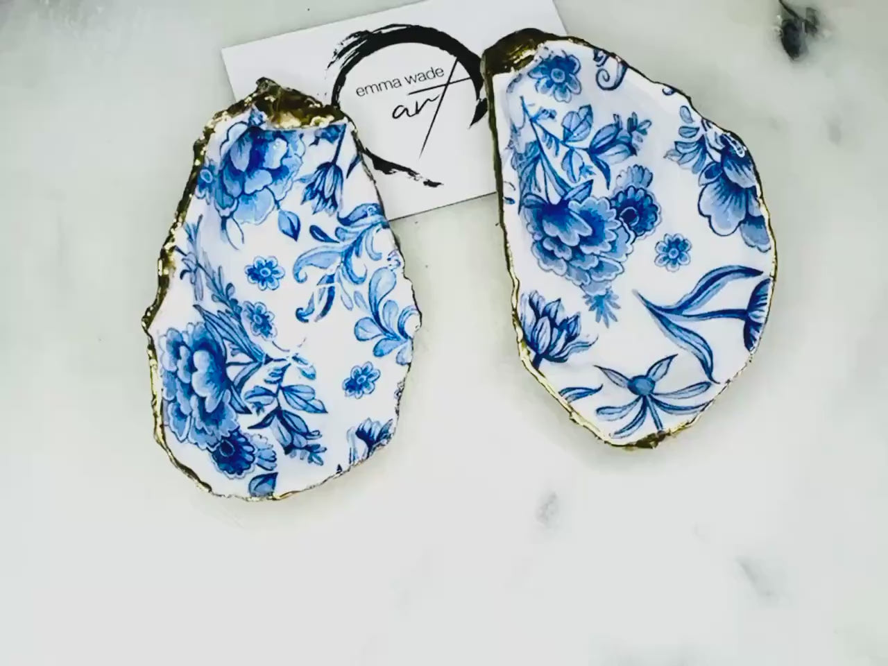 Delft Blue Floral Oyster Trinket Shell Dish: Gold or Silver Leaf Gilded Coastal Decor