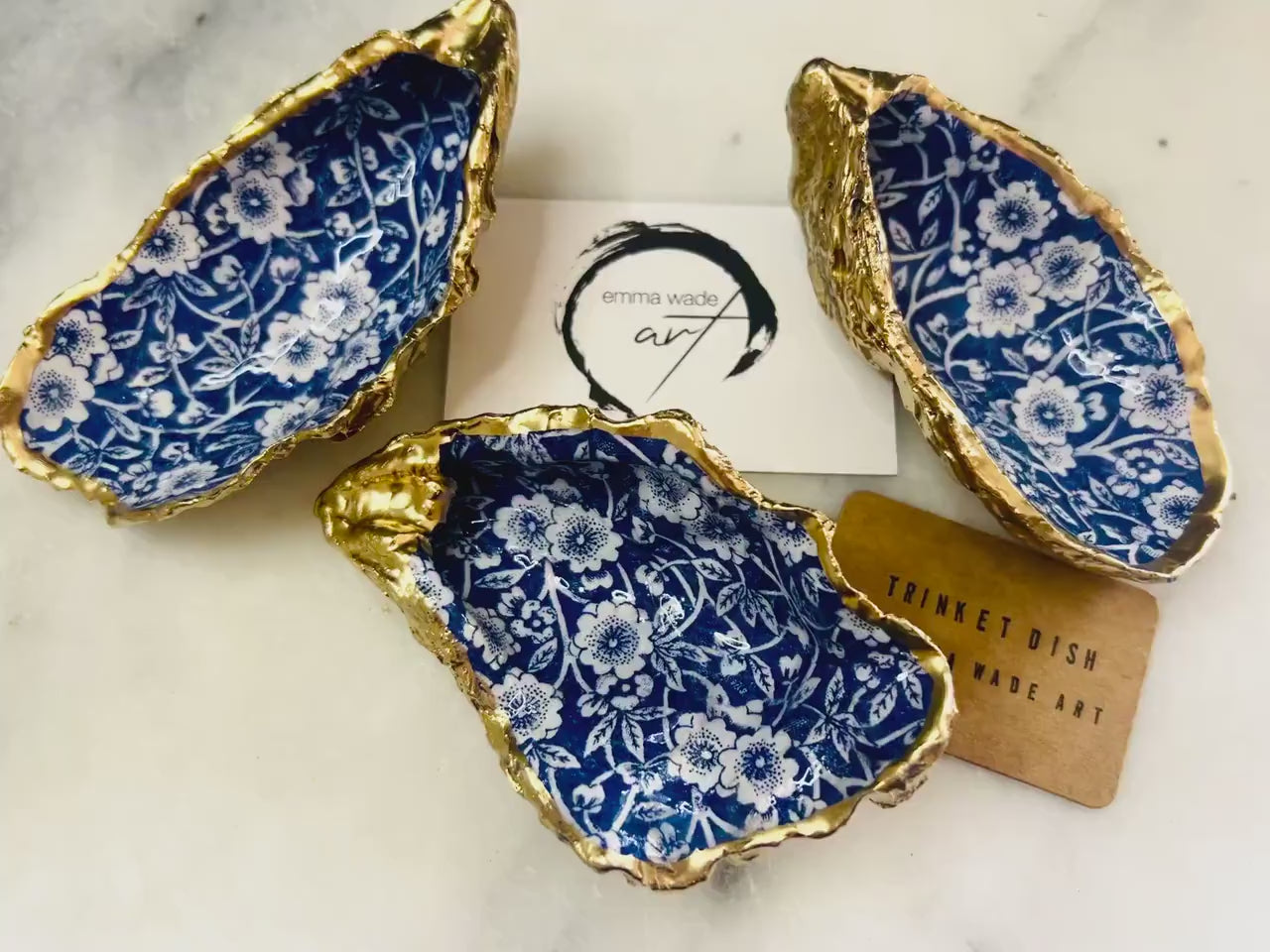Blue White Floral Natural Oyster Trinket Dish: Gilded Gold leaf ring Dish, Shell Jewelry Tray, Coastal gift