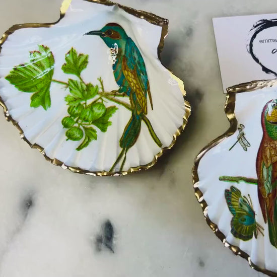 Hand Gilded Scallop Shell Trinket Dish: Jewelled Bird Ring Tray, Gold Leaf Jewellery Tray, Bird Lover Gift, 2 designs available