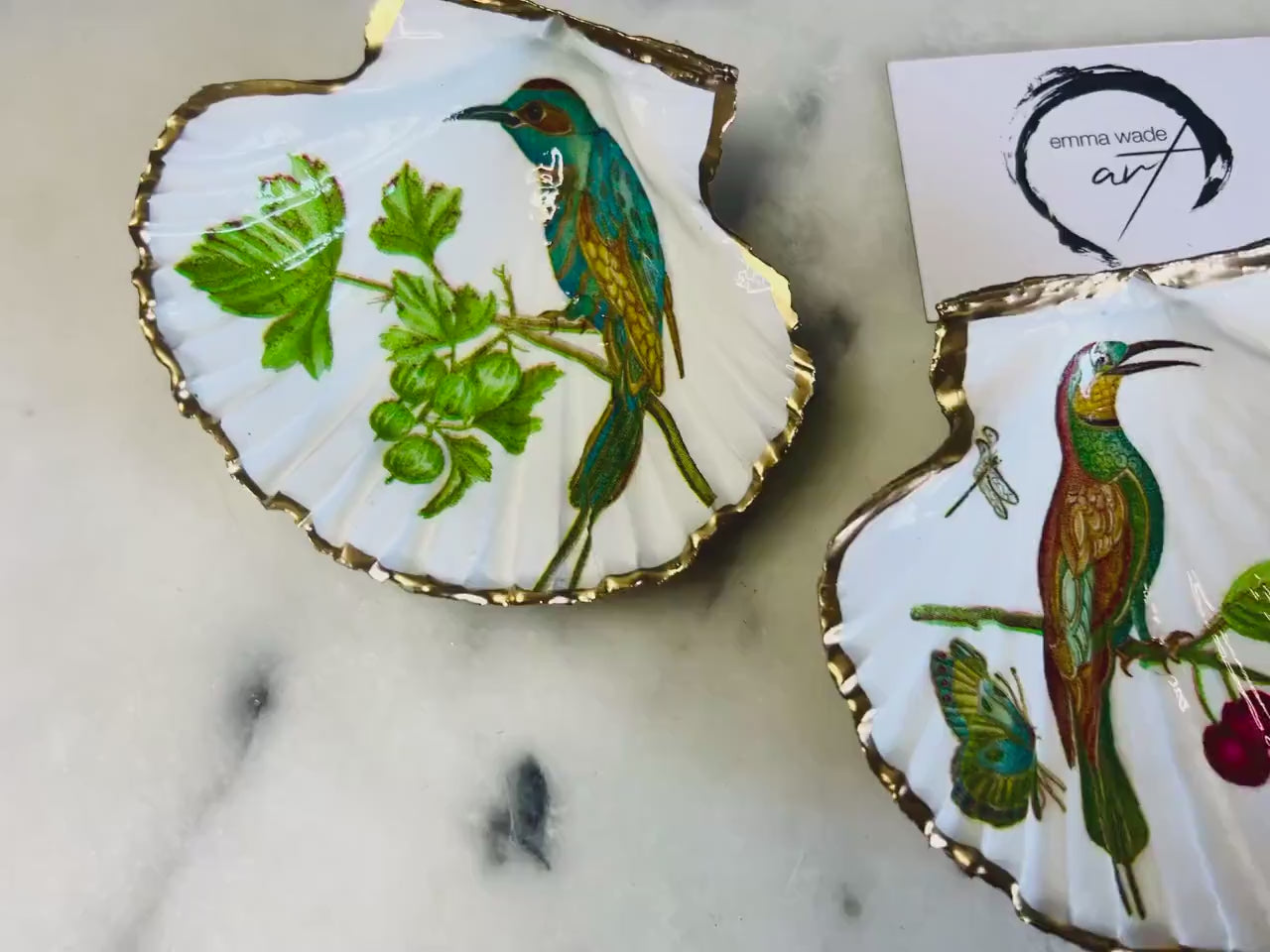 Hand Gilded Scallop Shell Trinket Dish: Jewelled Bird Ring Tray, Gold Leaf Jewellery Tray, Bird Lover Gift, 2 designs available
