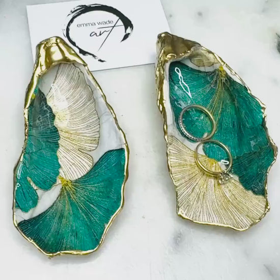 Japanese Green Ginkgo Oyster Trinket Dish, Floral Shell Ring Dish, Handmade Shell Dish, Coastal Fecor