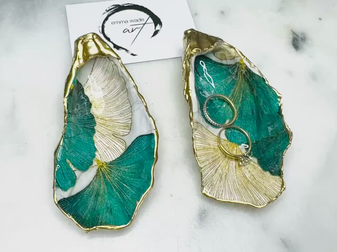Japanese Green Ginkgo Oyster Trinket Dish, Floral Shell Ring Dish, Handmade Shell Dish, Coastal Fecor