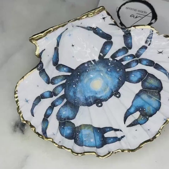 Hand Illustrated Blue Octopus Scallop Shell Trinket Dish: Shell Ring Tray | Coastal Decor | Beach Gift