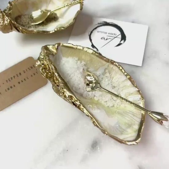 A Pair of Japanese Ginkgo Oyster Salt and Pepper Pinch Pots | Gold Leaf Floral Shell Cruet Set | Salt Anniversary Gift | Add on Gold Spoons