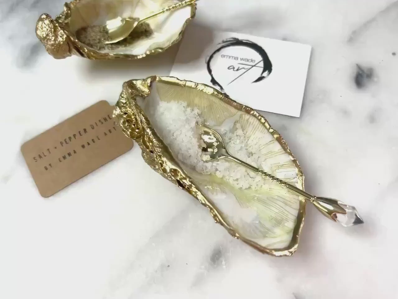 A Pair of Japanese Ginkgo Oyster Salt and Pepper Pinch Pots | Gold Leaf Floral Shell Cruet Set | Salt Anniversary Gift | Add on Gold Spoons