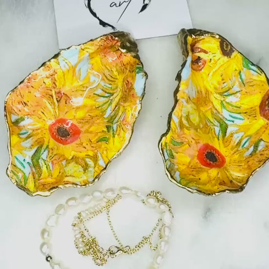 Van Gogh Sunflowers Dorset Natural Oyster Shell Trinket Dish, Hand Gilded Gold Leaf Ring Holder, Coastal Gift