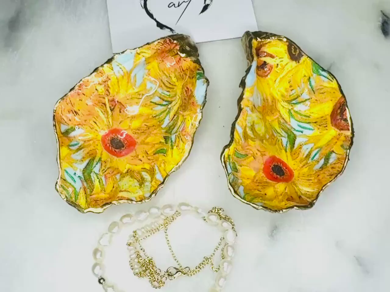 Van Gogh Sunflowers Dorset Natural Oyster Shell Trinket Dish, Hand Gilded Gold Leaf Ring Holder, Coastal Gift