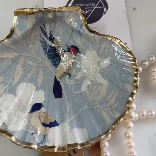 Blue Birds of Paradise Decoupage Shell Trinket Dish, Gold Leaf Jewellery Scallop Dish, Handmade Gift