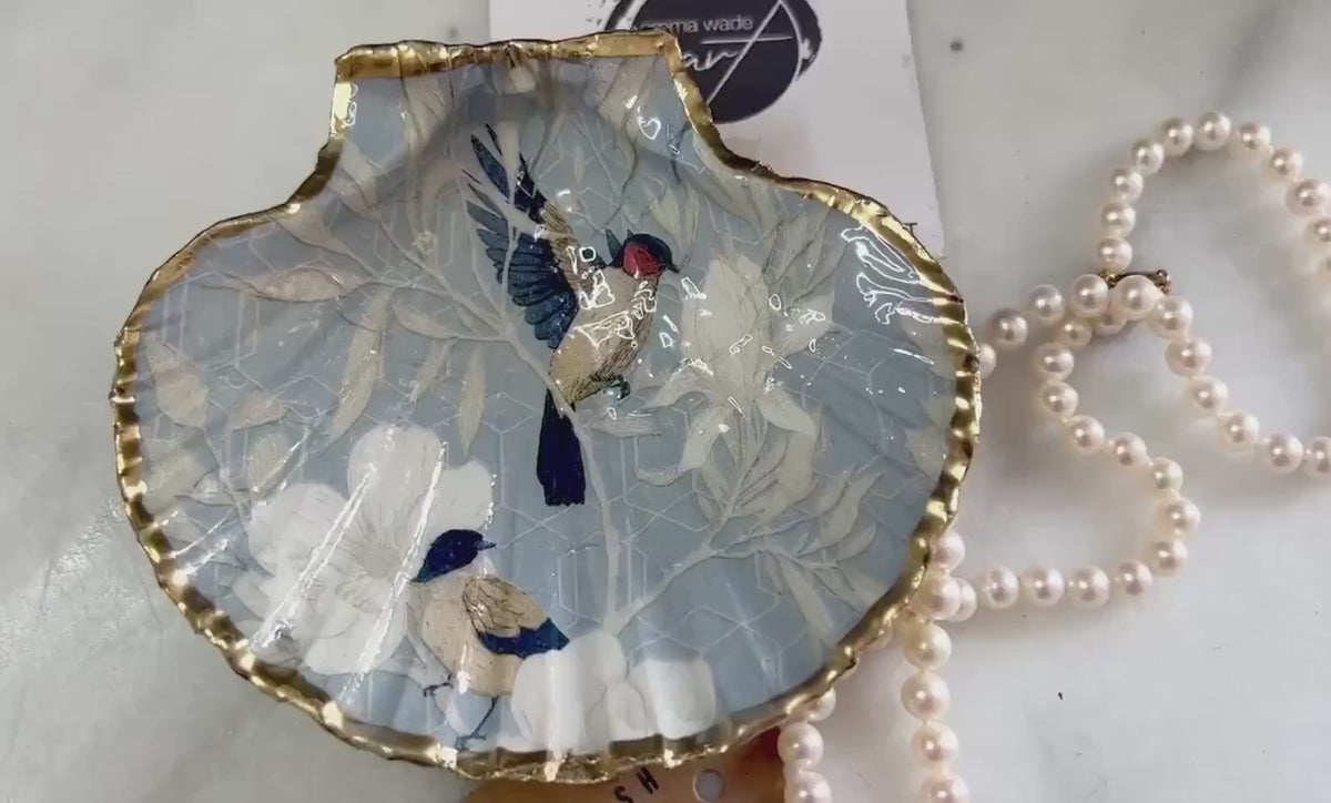 Blue Birds of Paradise Decoupage Shell Trinket Dish, Gold Leaf Jewellery Scallop Dish, Handmade Gift