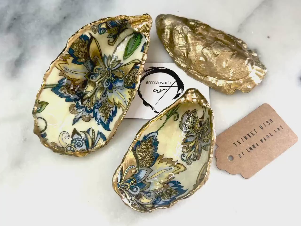 Gold Leaf Floral Oyster Shell Trinket Dish, Baroque Jewelry Holder, Blue Gold Oyster Shell Decor, Coastal Vanity Tray, Decoupage Shell Art