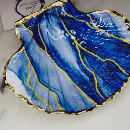 Blue Waves Scallop Shell Trinket Dish | Gold Leaf Ring Holder | Coastal Decor | add on a gold stand